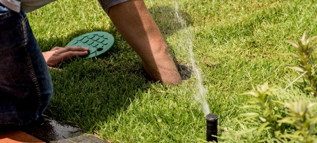 Irrigation system watering garden lawn. Landscape design.